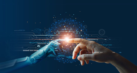 ai, machine learning, hands of robot and human touching on big data network connection background, s
