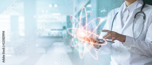 Fototapeta Health and medical science healthcare on virtual interface, Innovation and digital technology in future on hospital background