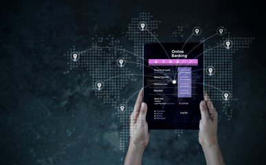 Poster - Businessman holding tablet with banking data on screen, Online banking, Investment and financial with icon global network connection on dark background.