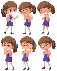 Set of girl with different symptoms on white background