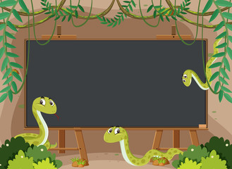 Canvas Print - Blackboard template design with wild snakes in the garden