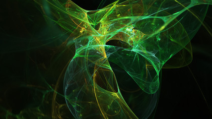 Abstract green and golden glowing shapes. Fantasy light background. Digital fractal art. 3d rendering.