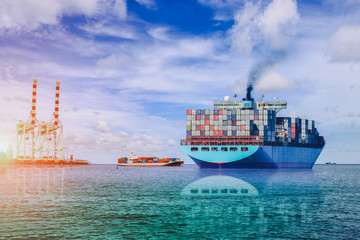 Logistics and transportation of international Container Cargo ship in the Ocean at blue sky freight Transport, shipping.