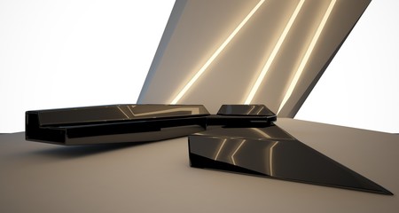 Abstract architectural black and white interior of a modern villa with neon lighting. 3D illustration and rendering.