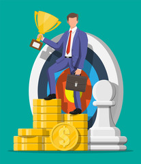 Poster - Happy businessman with trophy, dart target, chess pawn piece and pile of gold coins. Goal setting. Smart goal. Business target concept. Achievement and success. Vector illustration in flat style