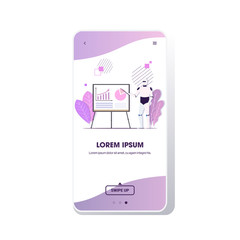 Poster - business robot presenting financial graph diagram on flip chart artificial intelligence technology presentation concept full length smartphone screen mobile app copy space vector illustration