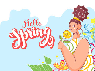 Sticker - Hello Spring Font with Young Girl holding Flower and Leaves on Abstract Background.