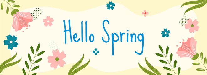 Wall Mural - hello spring text on pastel yellow background decorated with flowers and leaves.