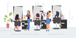 © mast3r - hairdresser using hair dryer making hair style to her client women testing eyeshadow palette beauty salon interior horizontal full length vector illustration