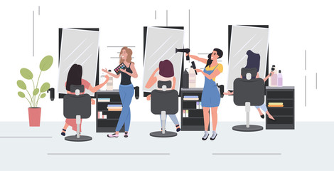 hairdresser using hair dryer making hair style to her client women testing eyeshadow palette beauty salon interior horizontal full length vector illustration