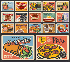 Wall Mural - Fast food restaurant vector burgers, desserts and drinks. Retro posters of pizza, hamburger and hot dog, fries, donut and coffee, chicken nuggets, sandwich and cheeseburger, ice cream, popcorn, chips