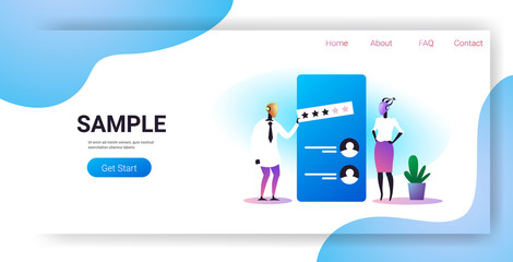Poster - two robotic characters leaving review three stars rating on smartphone screen feedback artificial intelligence technology concept horizontal full length copy space vector illustration