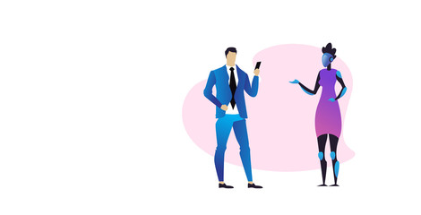 Poster - businessman photographing modern robotic woman on smartphone camera human vs robot artificial intelligence technology concept full length horizontal vector illustration