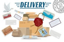 Mail Delivery Service Vector Design With Post Office Parcels And Letters, Postal Boxes And Packages With Postage Stamps And Wax Seal, Newspaper, Journal And Dove. Correspondence Themes