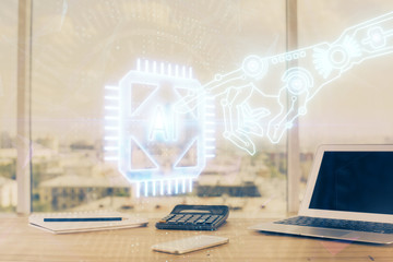 Double exposure of desktop computer and technology theme hologram. Concept of software development.