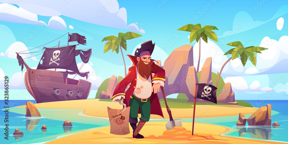 Pirate buried treasure chest on island beach. Vector cartoon character with hook, wooden leg and beard in sailor costume. Illustration of tropical island, pirate ship, capitan and flag with skull - obrazy, fototapety, plakaty 
