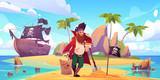 Pirate buried treasure chest on island beach. Vector cartoon character with hook, wooden leg and beard in sailor costume. Illustration of tropical island, pirate ship, capitan and flag with skull
