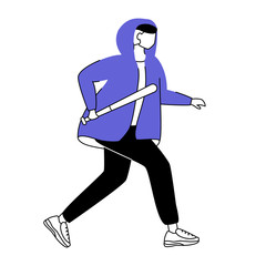 Poster - Vandalism flat silhouette vector illustration. Misdemeanor. Running vandal. Guy with baseball bat. 2D isolated outline character on white background. Simple style drawing