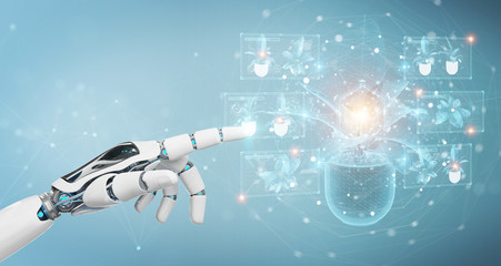 Fototapete - Robot hand holding and touching holographic projection of a plant with digital analysis 3D rendering