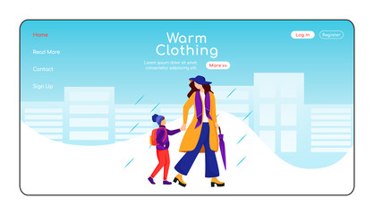 Poster - Warm clothing landing page flat color vector template. Mother with son go to school homepage layout. Rainy day one page website interface with cartoon character. Wet weather web banner, webpage