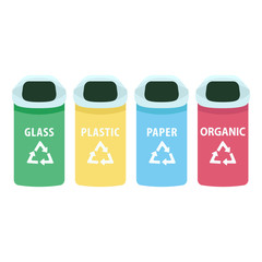 Poster - Sorting trash cans cartoon vector illustration. Urban garbage bins for glass, paper, plastic and organic flat color object. Waste segregation, separation containers isolated on white background