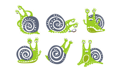 Wall Mural - Cute Green Snail Collection, Funny Mollusk Animal Cartoon Character in Various Poses Vector Illustration