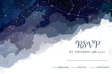 Wall Mural - magic night dark blue sky with sparkling stars vector wedding rsvp card.