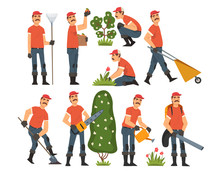 Man Gardener Working In The Garden Or Farm, Cheerful Male Farmer Character In Veralls With Tools Vector Illustration