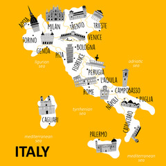 Stylized map of Italy with main attractions and landmarks. Vector illustration.