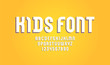 Kids font, modern trendy alphabet, white Latin letters (A, B, C, D, E, F, G, H, I, J, K, L, M, N, O, P, Q, R, S, T, U, V, W, X, Y, Z) and Arabic numerals (0, 1, 2, 3, 4, 5, 6, 7, 8, 9), vector 10eps