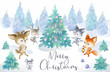Christmas poster with cute woodland animals. Hand painted watercolor illustration isolated on a white background.