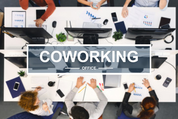 Poster - Coworking lettering over top view of working team