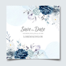 Navy Blue Floral Wedding Invitation Card Template With Golden Leaves And Watercolor Frame