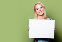Blonde Woman With White Banner On Green Background