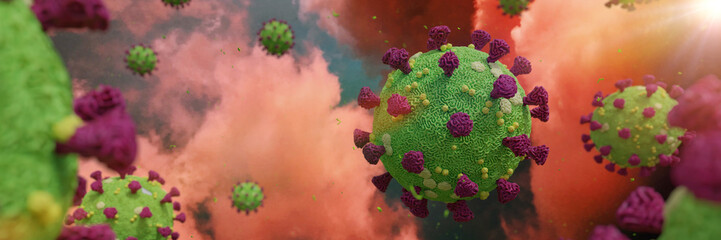 Covid-19, coronavirus that causes respiratory infections, Sars-CoV-2 virus background banner