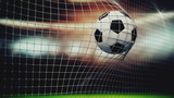 Fototapeta Sport - Slow motion of a soccer ball flying into the net. 3D animation closeup sports concept. 3d rendering