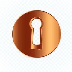 Isolated round keyhole on white transparent background, flat bronze lock element, circle realistic keyhole symbol. Secure, safety and protect logo, vector emblem