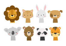Cute Animal Faces In Cartoon Hand Drawn Style. Vector Character Illustration For Baby, Kids Card, Poster, Invitation, Apparel, Nursery Decor. Koala, Lion, Dog, Bunny, Bear, Panda, Tiger, Cat.