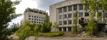 Abandoned Hotel "Polesie" With A Name In Russian. Dead City Of Pripyat, Chernobyl Exclusion Zone.