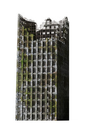 Wall Mural - ruined skyscraper, tall and overgrown post apocalyptic building, isolated on white background