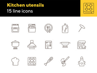 Poster - Kitchen utensils icons. Set of line icons. Kitchen hood, dishwasher, stove. Culinary concept. Vector illustration can be used for topics like restaurant business, cooking