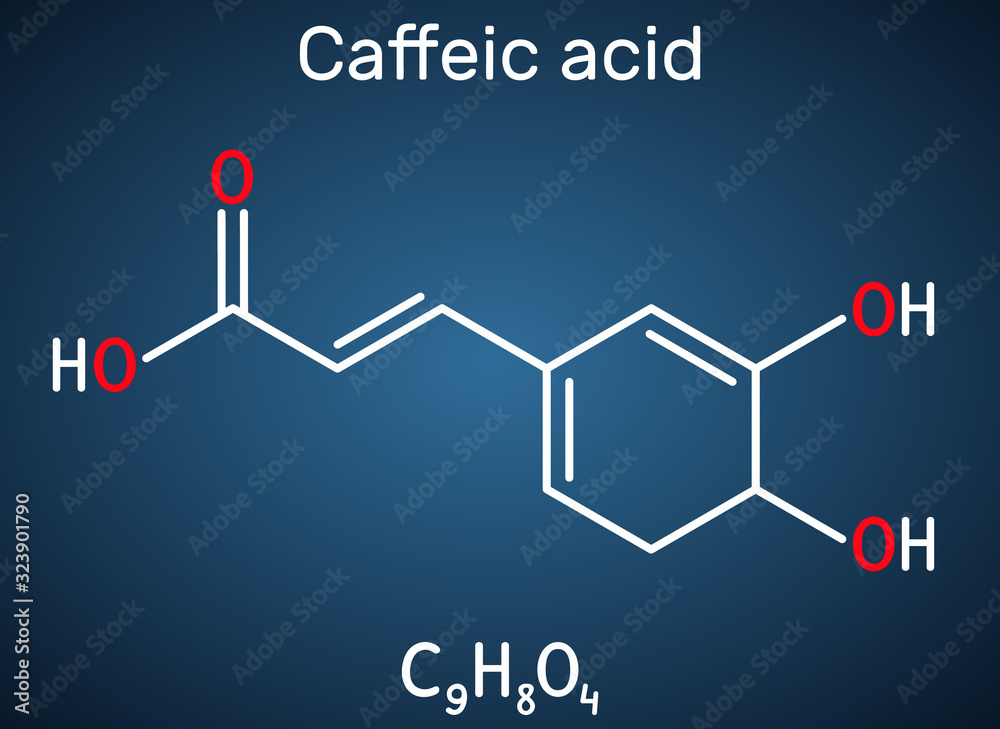 Caffeic acid, C9H8O4 molecule. It is hydroxycinnamic acid with ...
