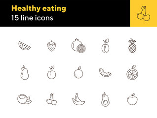 Poster - Healthy eating icons. Set of line icons on white background. Pomegranate, pineapple, orange. Fruit concept. Vector illustration can be used for topics like vitamin, food, dieting