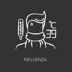 Wall Mural - Influenza chalk white icon on black background. Contagious flu virus, respiratory viral infection. Ill person with cold symptoms, fever, headache isolated vector chalkboard illustration