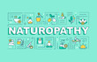 Naturopathy word concepts banner. Naturopathic medicine. Pseudoscientific practices. Infographics with linear icons on turquoise background. Isolated typography. Vector outline RGB color illustration