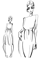 illustration of a fashionable girl in two positions. one approximate pose and full-length model. Fashion sketch of fashion design art . Fashion model hand drawn black ink lines pose isolated clothing