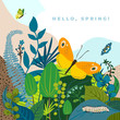 Beautiful floral background, text Hello Spring. Green leaves, colorful flowers, caterpillar and butterflies. Bright cute summer card for invitation, wedding, birthday, holiday. Vector illustration.