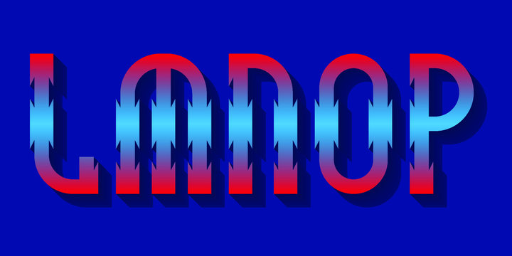 L, M, N, O, P red blue gradient letters with shadow. Urban 3d font.