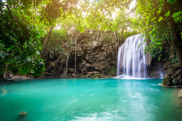  Waterfall in Tropical forest at Erawan waterfall National Park, Thailand	