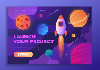 Wall Mural - colorful web template - launch your project with a rocket zooming through space past planets and cop